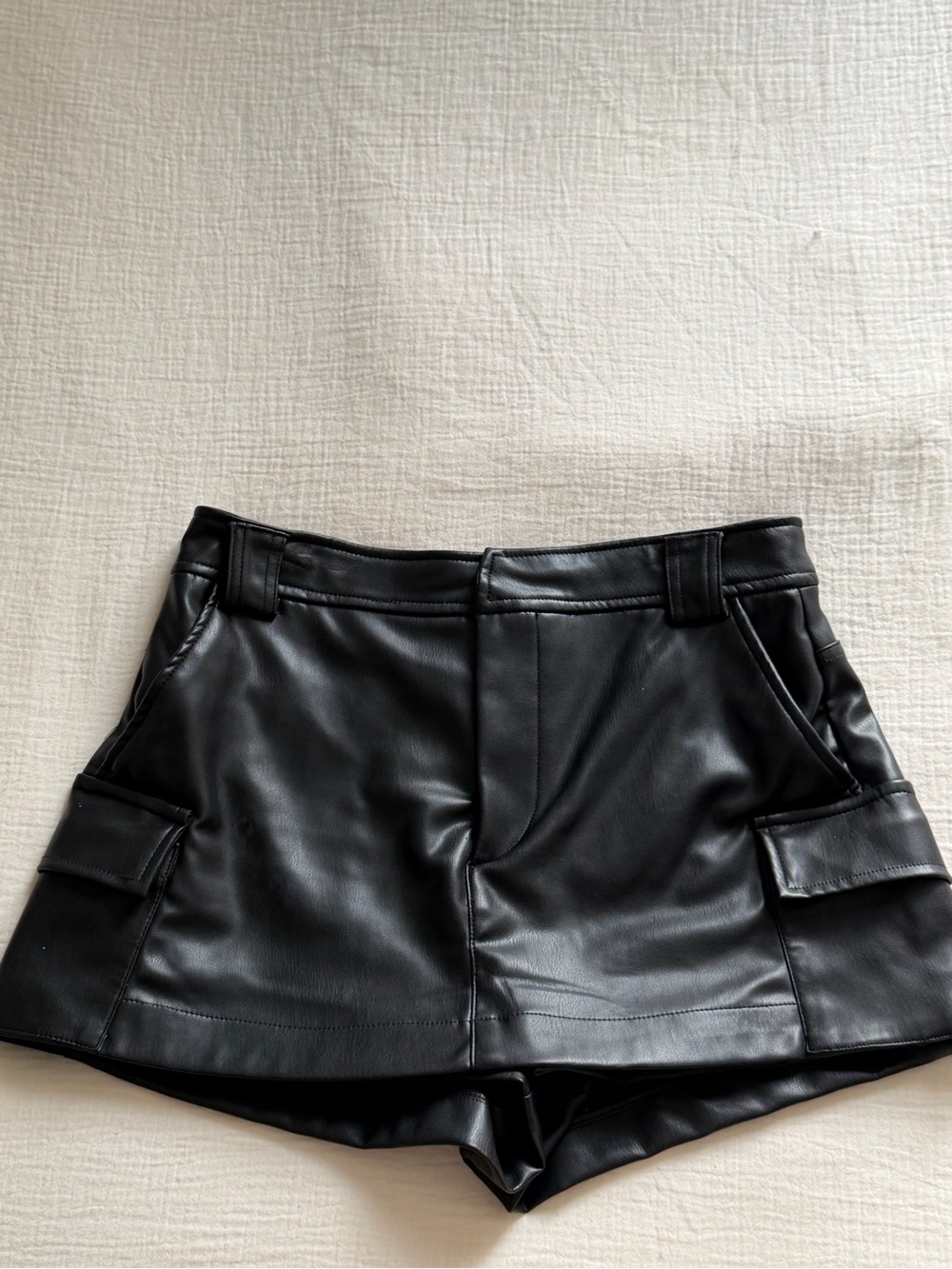 Black Faux Leather Cargo Skorts - Women
